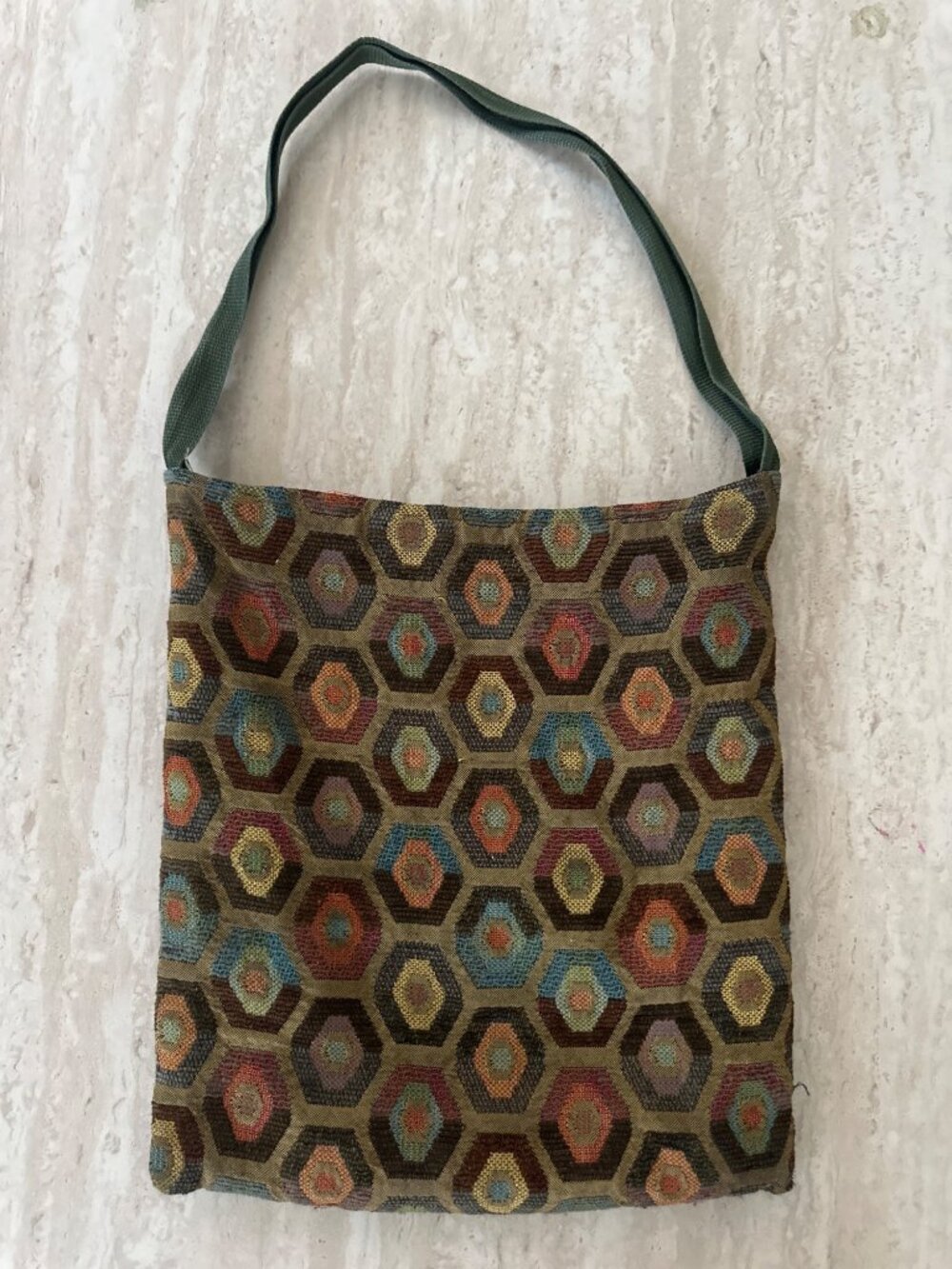 Vintage Multicolor Hexagon Pattern Woven Tote Bag With Floral Interior Lining